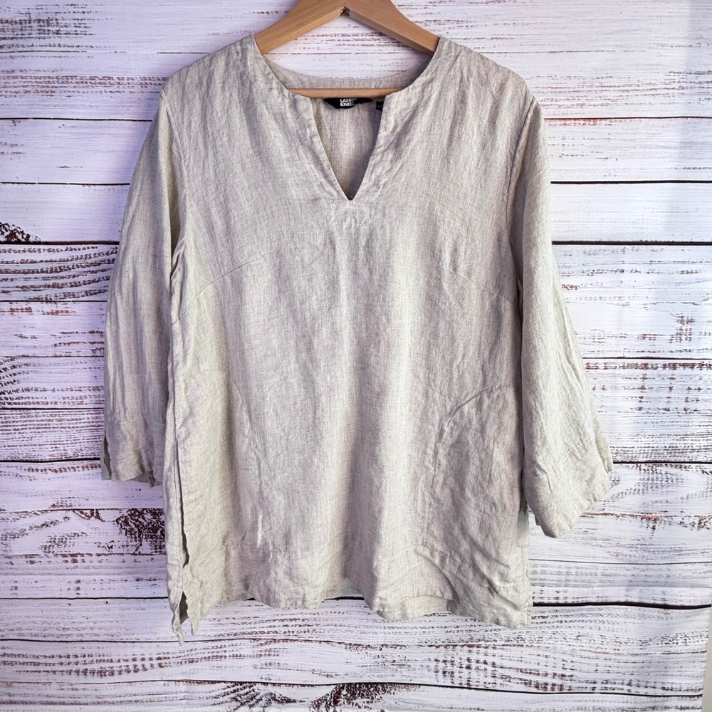 100% Linen Tunic Lands' End M Oatmeal Beige Top Boxy Pockets Lagenlook Boho Mori - Picture 11 of 11
